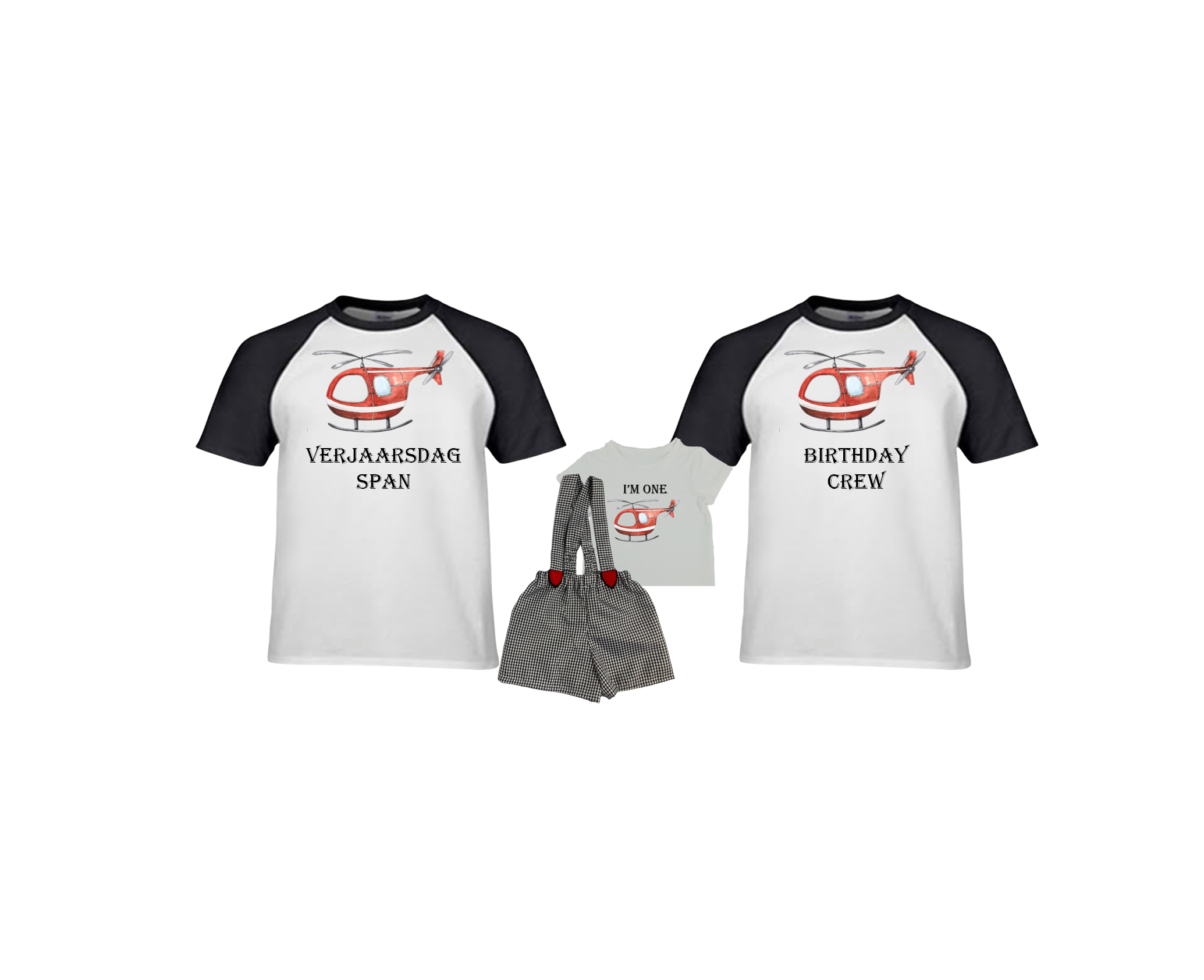 1st Birthday | Black Check Boy Suspender Shorts & Shirt | Helicopter - Image 3
