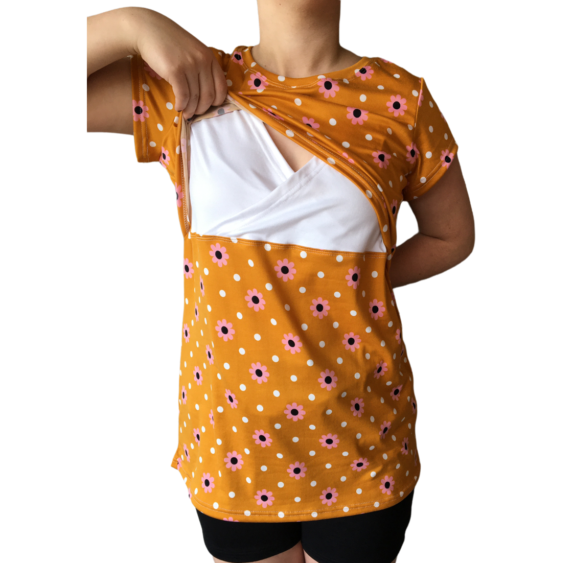 Maternity & Breastfeeding Top | Cap Sleeve | 2 Pack| Up to 6XL | Mustard with Pink Flowers & White - Image 2