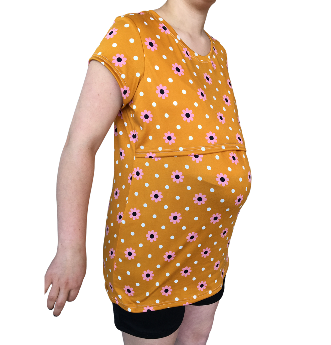 Maternity & Breastfeeding Top | Cap Sleeve | 2 Pack| Up to 6XL | Mustard with Pink Flowers & White - Image 3
