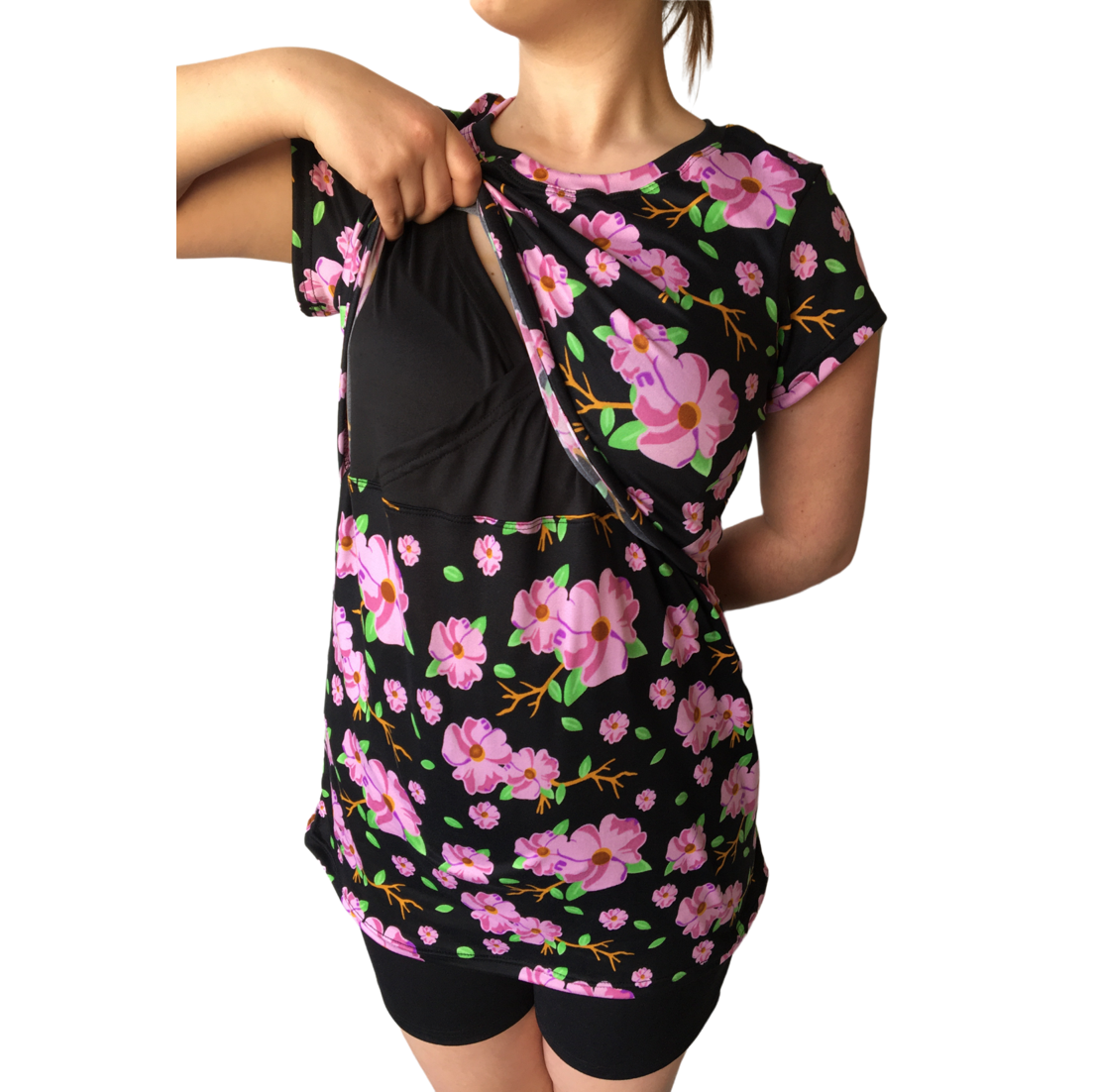 Maternity & Breastfeeding Top | Cap Sleeve | Up to 6XL | Black with Purple Floral Print - Image 2
