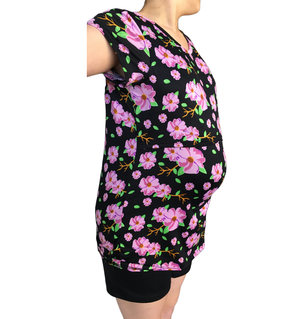 Maternity & Breastfeeding Top | Cap Sleeve | Up to 6XL | Black with Purple Floral Print - Image 3
