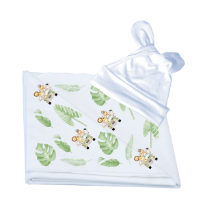 Swaddle, Receiving Blanket with Newborn Beanie | White & Safari Printed