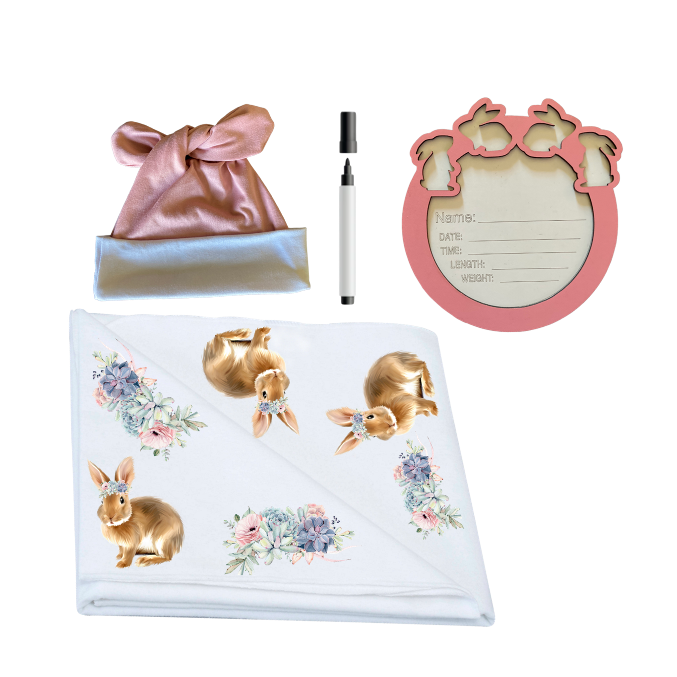 Swaddle, Newborn Beanie & Birth Announcement | Pastel Floral Bunny