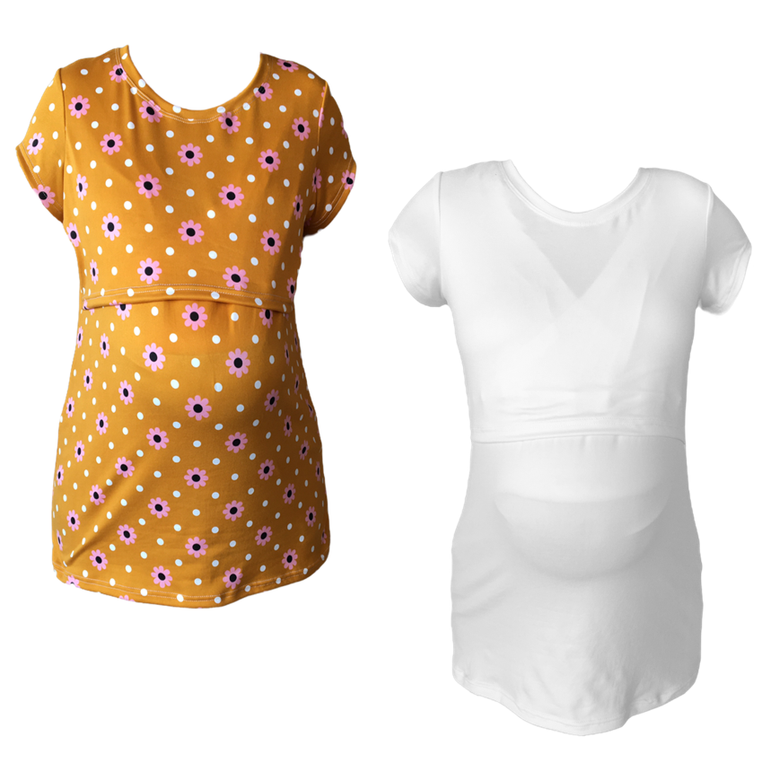 Maternity & Breastfeeding Top | Cap Sleeve | 2 Pack| Up to 6XL | Mustard with Pink Flowers & White