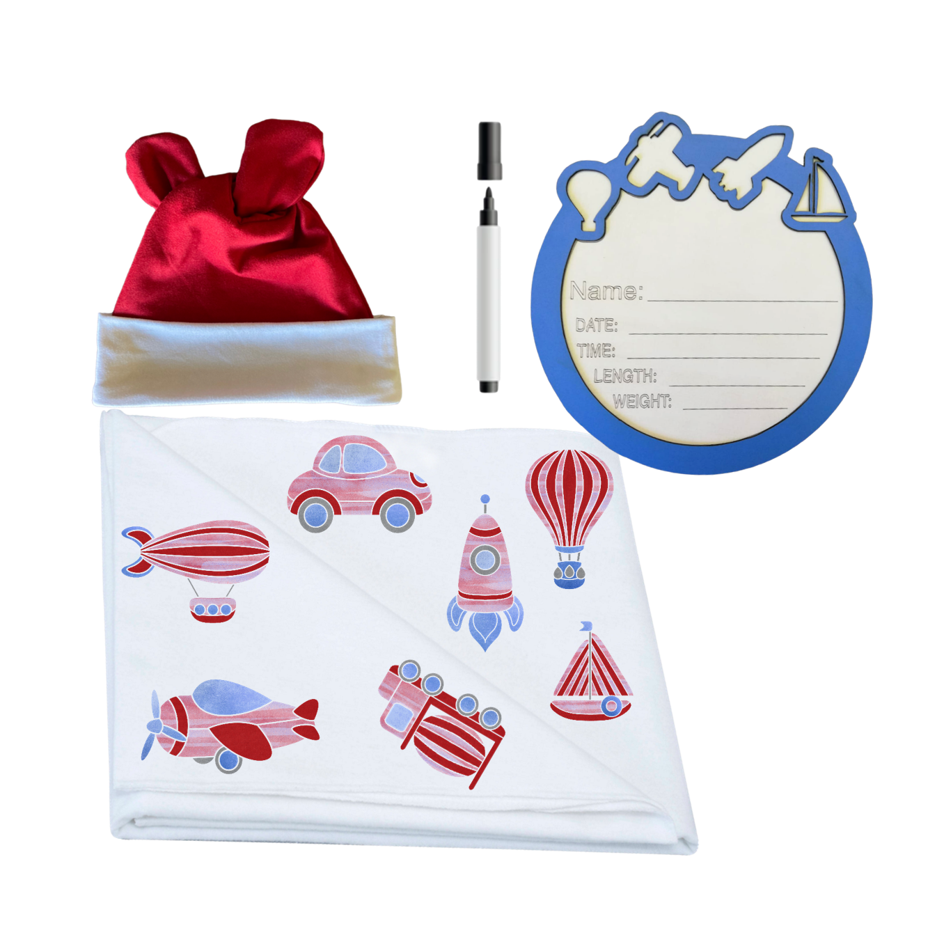 Swaddle, Newborn Beanie & Birth Announcement | Transport Red and Blue