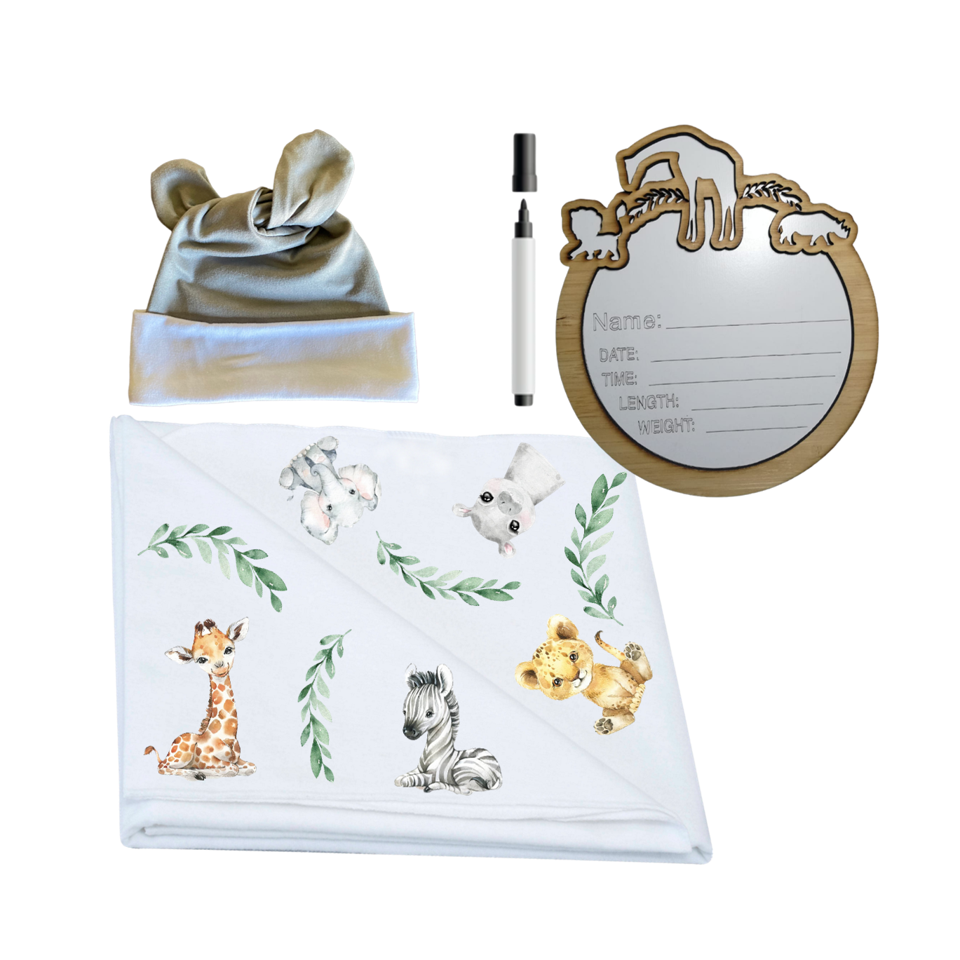 Swaddle, Newborn Beanie & Birth Announcement | Safari Animals-Gender Neutral