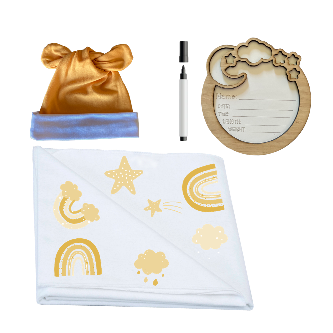 Swaddle, Newborn Beanie & Birth Announcement | Rainbow Mustard Printed