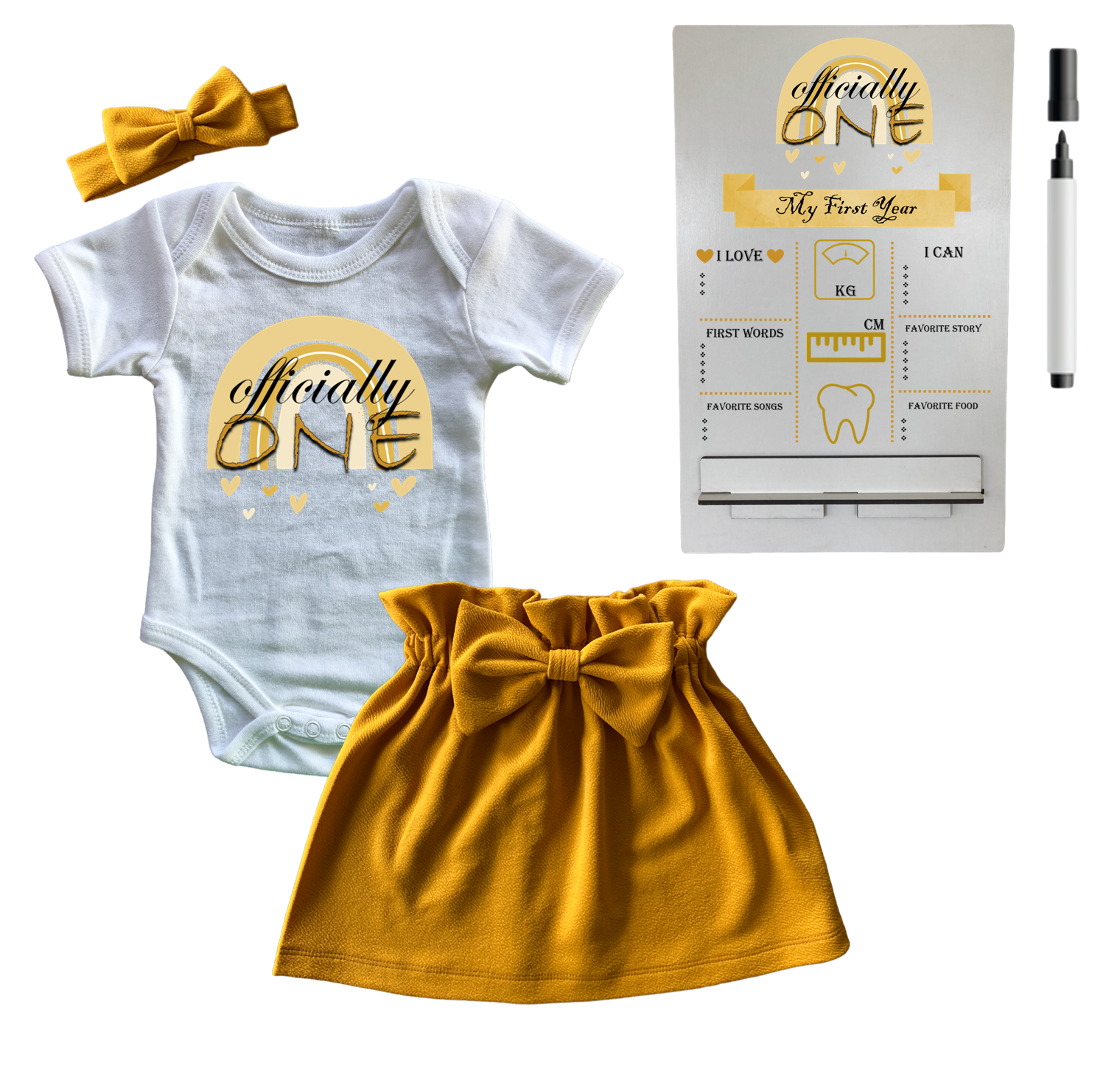 1st Birthday | Skirt, vest & Headband | Milestone sign | Mustard | Officially One