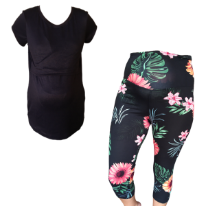 Maternity & Breastfeeding Cap Sleeve Shirt & Capri Legging | Black with Floral