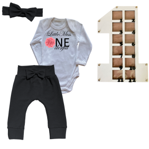 1st Birthday | Long sleeve pants, Vest & Headband | Photo Frame | Black | Little Miss One'derful Pink Flower