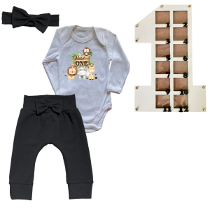 1st Birthday | Long sleeve pants, Vest & Headband | Photo Frame | Black | Wild One
