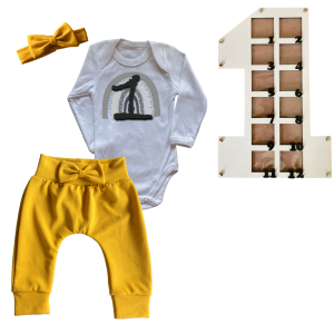 1st Birthday | Long sleeve pants, Vest & Headband | Photo Frame | Mustard | Rainbow 1