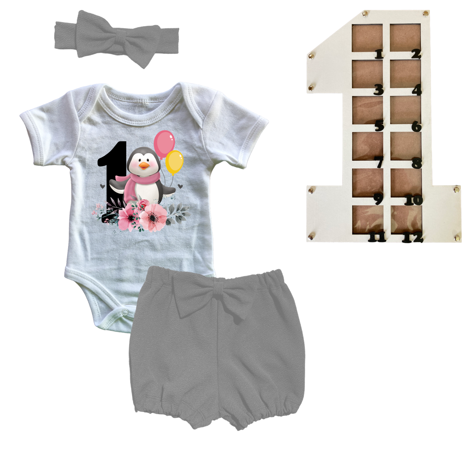 1st Birthday | Bubble Shorts, vest & Headband | Photo Frame | Grey | Penguin 1st