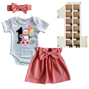 1st Birthday | Skirt, vest & Headband | Photo Frame | Pink | Penguin 1st