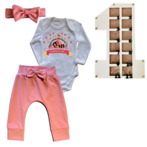 1st Birthday | Long sleeve pants, Vest & Headband | Photo Frame | Pink | Carnival