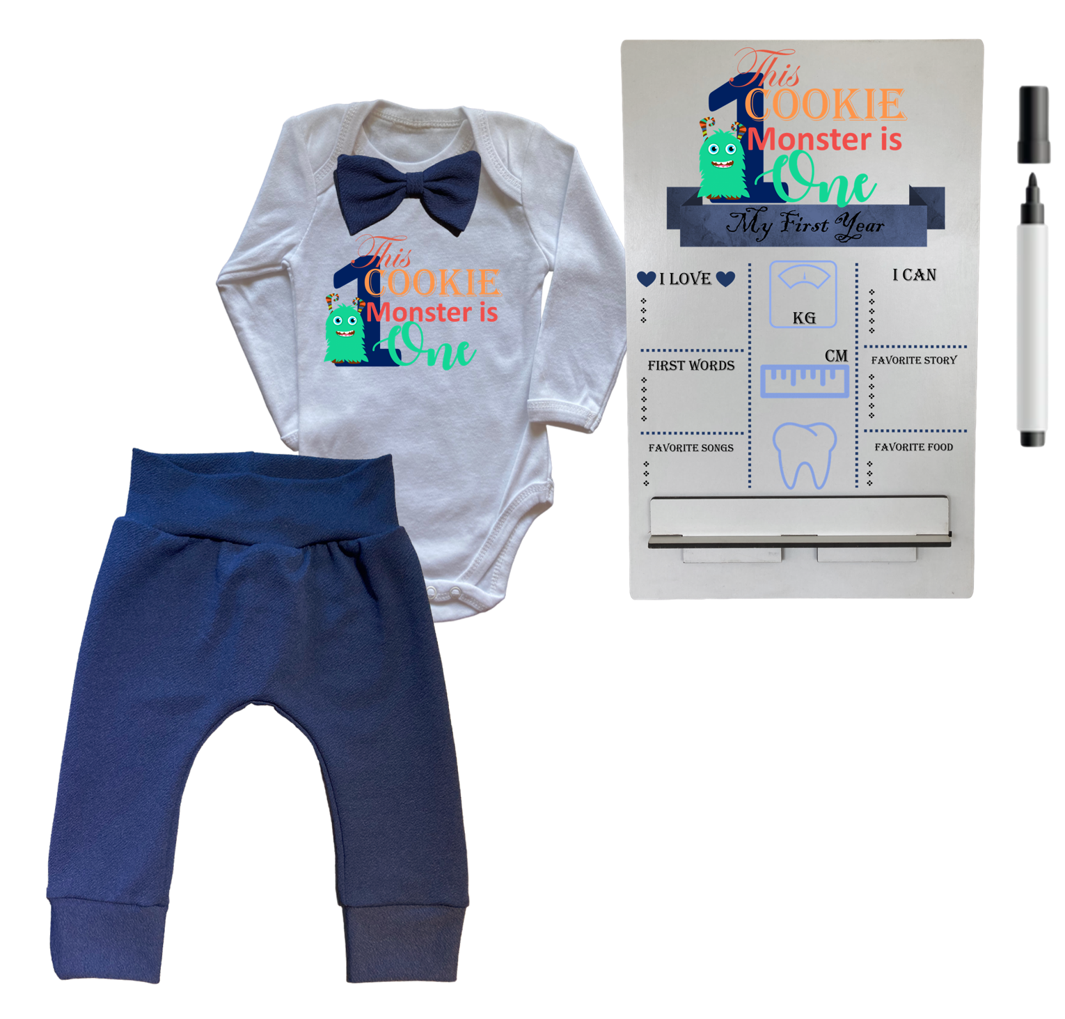 1st Birthday | Long sleeve pants & Bowtie vest | Milestone Sign | Navy | Cookie Monster