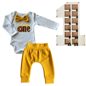 1st Birthday | Long sleeve pants & Bowtie vest | Photo Frame | Mustard | Sweet One