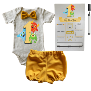 1st Birthday | Bubble pants & Bowtie vest | Milestone sign  | Mustard | Monster 1