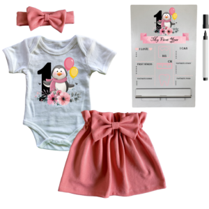 1st Birthday | Skirt, vest & Headband | Milestone sign | Pink | Penguin 1st