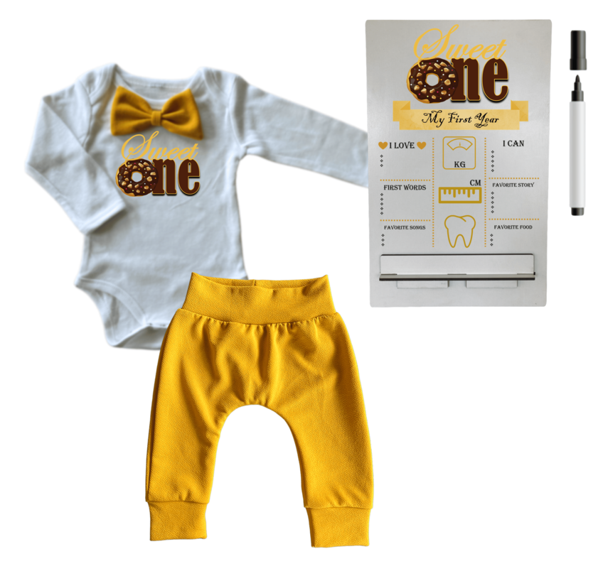 1st Birthday | Long sleeve pants & Bowtie vest | Milestone Sign | Mustard | Sweet One