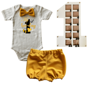 1st Birthday | Bubble pants & Bowtie vest | Photo Frame  | Mustard | 1st Bee Day