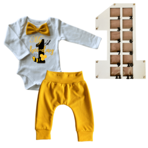 1st Birthday | Long sleeve pants & Bowtie vest | Photo Frame | Mustard | 1st Bee Day