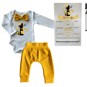 1st Birthday | Long sleeve pants & Bowtie vest | Milestone Sign | Mustard | 1st Bee Day