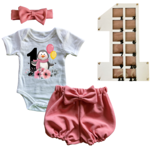 1st Birthday | Bubble Shorts, vest & Headband | Photo Frame | Pink | Penguin 1st