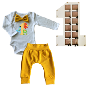 1st Birthday | Long sleeve pants & Bowtie vest | Photo Frame | Mustard | Monster 1