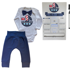1st Birthday | Long sleeve pants & Bowtie vest | Milestone Sign | Navy | Sailor-Boat
