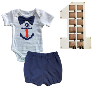 1st Birthday | Bubble pants & Bowtie vest | Photo Frame  | Navy | Sailor-Anchor