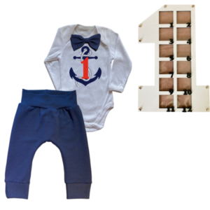 1st Birthday | Long sleeve pants & Bowtie vest | Photo Frame | Navy | Sailor-Anchor