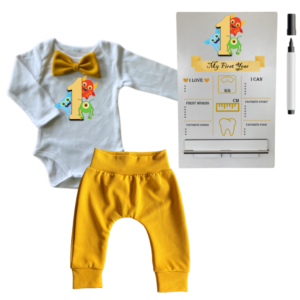 1st Birthday | Long sleeve pants & Bowtie vest | Milestone Sign | Mustard | Monster 1
