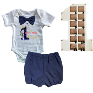 1st Birthday | Bubble pants & Bowtie vest | Photo Frame  | Navy | 1st Trip around the sun