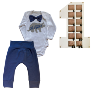 1st Birthday | Long sleeve pants & Bowtie vest | Photo Frame | Navy | One-A-Saurus