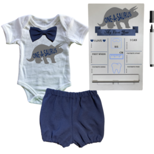 1st Birthday | Bubble pants & Bowtie vest | Milestone sign  | Navy | One-A-Saurus