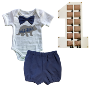 1st Birthday | Bubble pants & Bowtie vest | Photo Frame  | Navy | One-A-Saurus