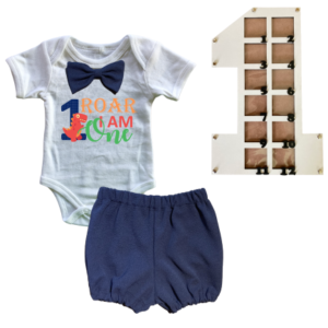 1st Birthday | Bubble pants & Bowtie vest | Photo Frame  | Navy | ROAR, I am One