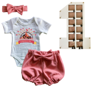 1st Birthday | Bubble Shorts, vest & Headband | Photo Frame | Pink | Carnival