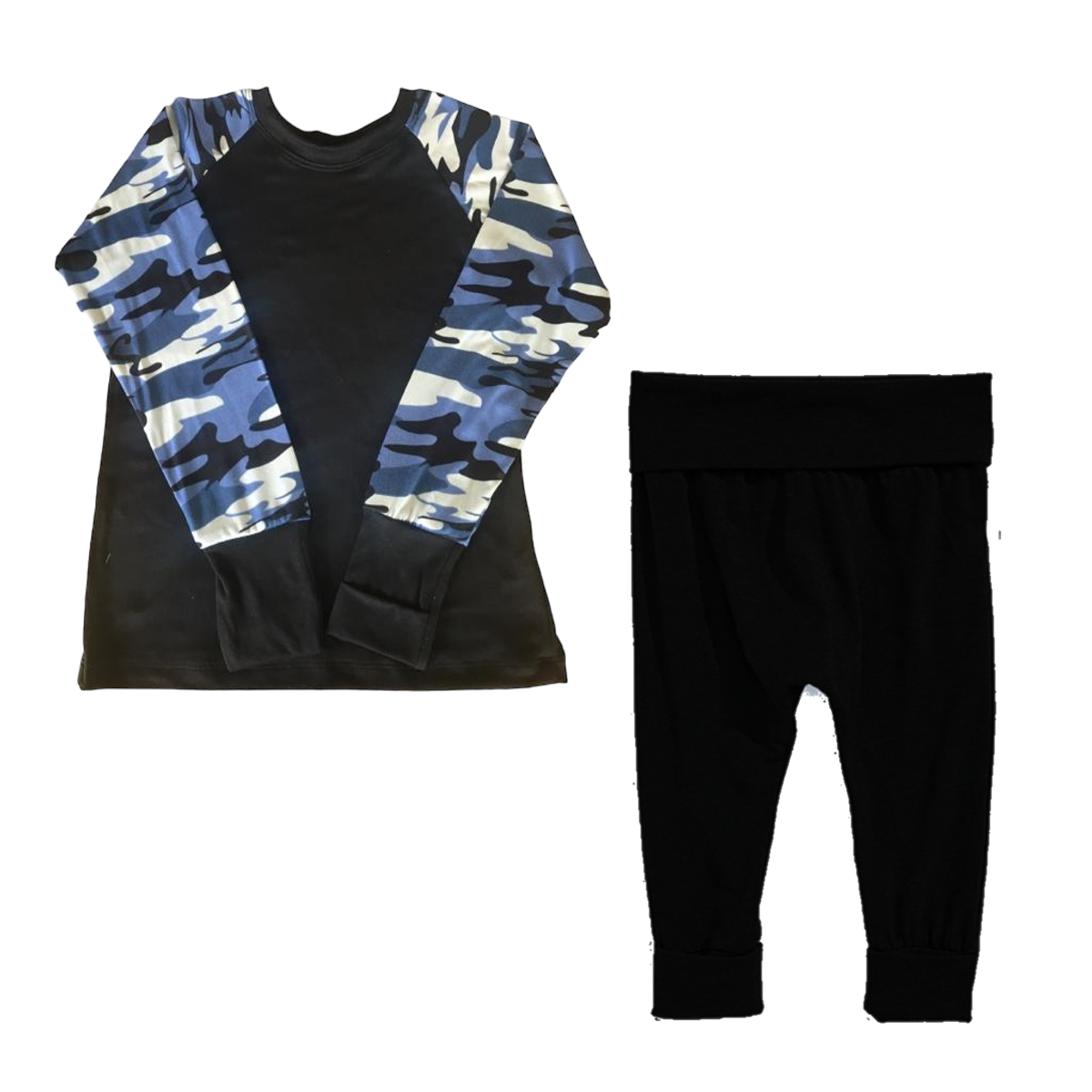 Fold Over Cuff Camo Pajama Set |Black Two Tone