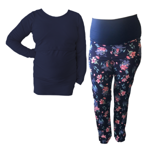 Maternity & Nursing T-shirt Long Sleeve with Legging | Navy & Navy Printed | Up to 6XL
