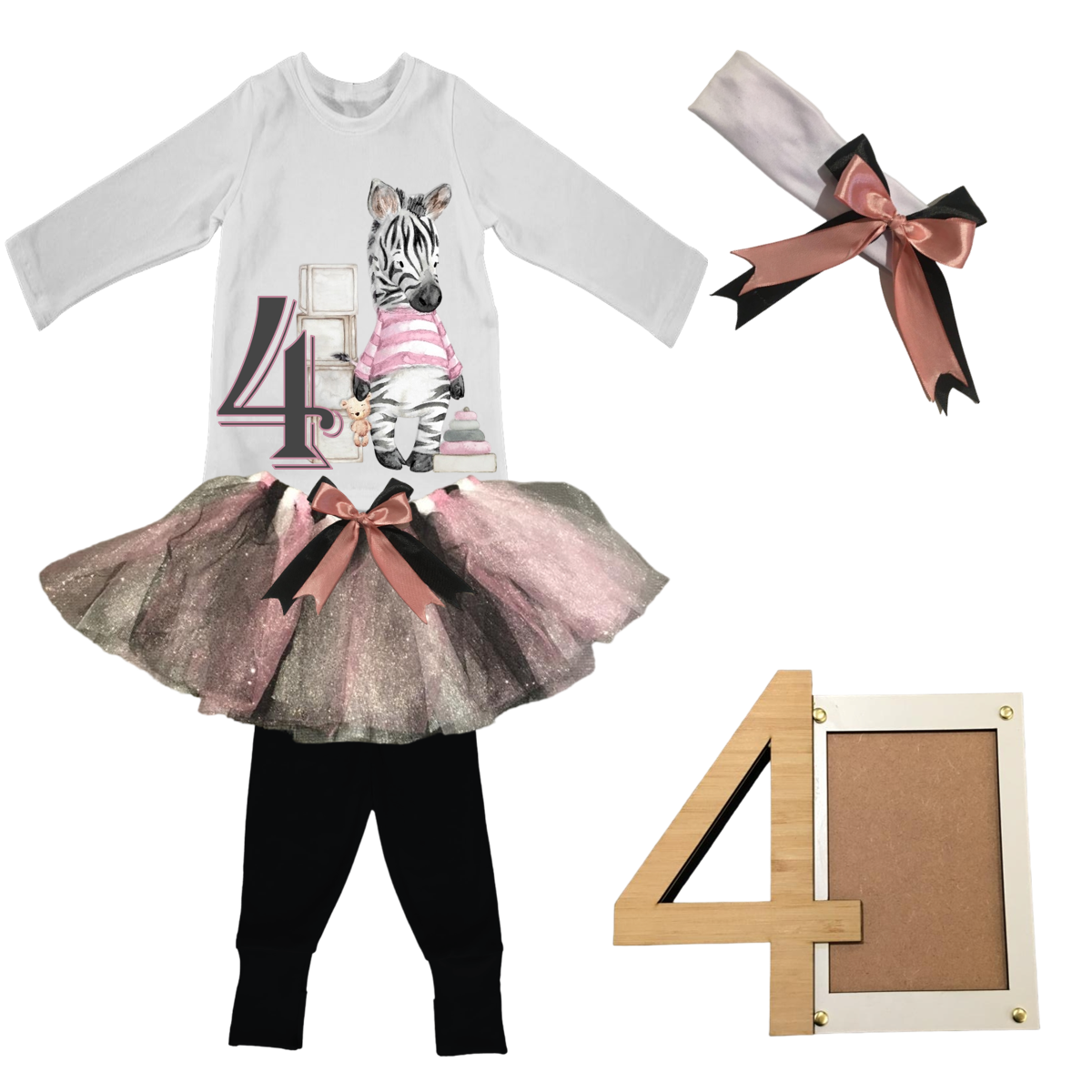 4th Birthday|Pink Zebra Tutu Outfit With Headband And Photo Frame | 4