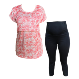 PLUS Size Maternity & Breastfeeding Cap Sleeve Shirt | Capri Leggings | Black & Coral Leaves