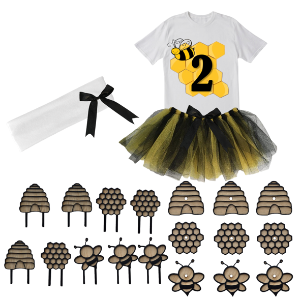 2nd Birthday Party Combo Tutu And Cupcake Toppers & Lollipop holders | Bee