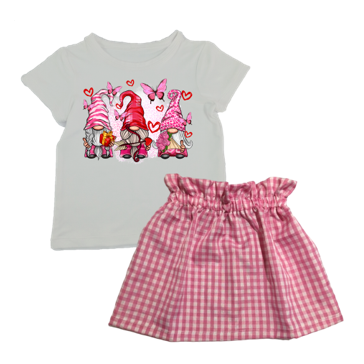 Girls Outfit | Pink Gnomes | White T-Shirt & White/Pink Check High waist Skirt