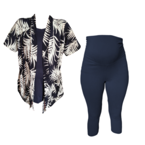 Maternity Extra Length Cardigan FDY & Capri Legging | Navy and White