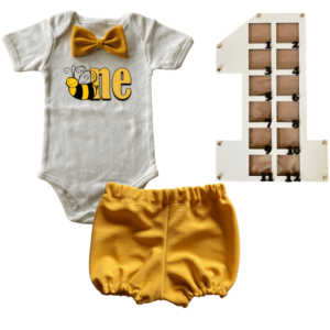 1st Birthday | Bubble pants & Bowtie vest | Photo Frame  | Mustard | Bee One