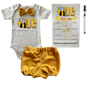 1st Birthday | Bubble pants & Bowtie vest | Milestone sign  | Mustard | Bee One