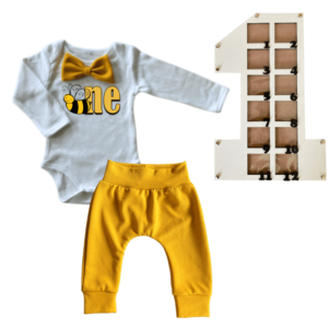 1st Birthday | Long sleeve pants & Bowtie vest | Photo Frame | Mustard | Bee One