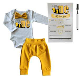 1st Birthday | Long sleeve pants & Bowtie vest | Milestone Sign | Mustard | Bee One